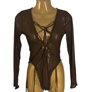 NWT Frederick's Lola Lee Chocolate Brown Mesh Lace-Up Bodysuit Teddy M $58